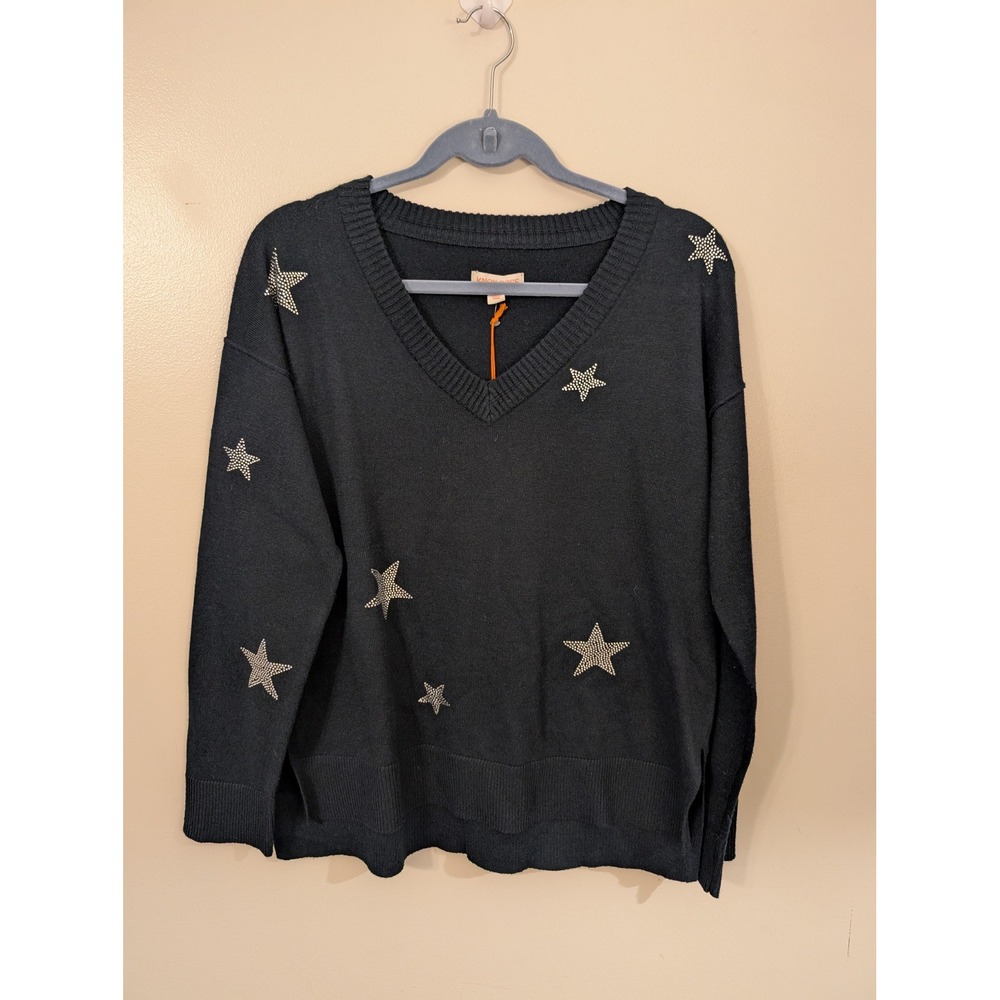 Knox Rose Womens Black Rhinestone Star V-Neck Sweater Size M New NWT